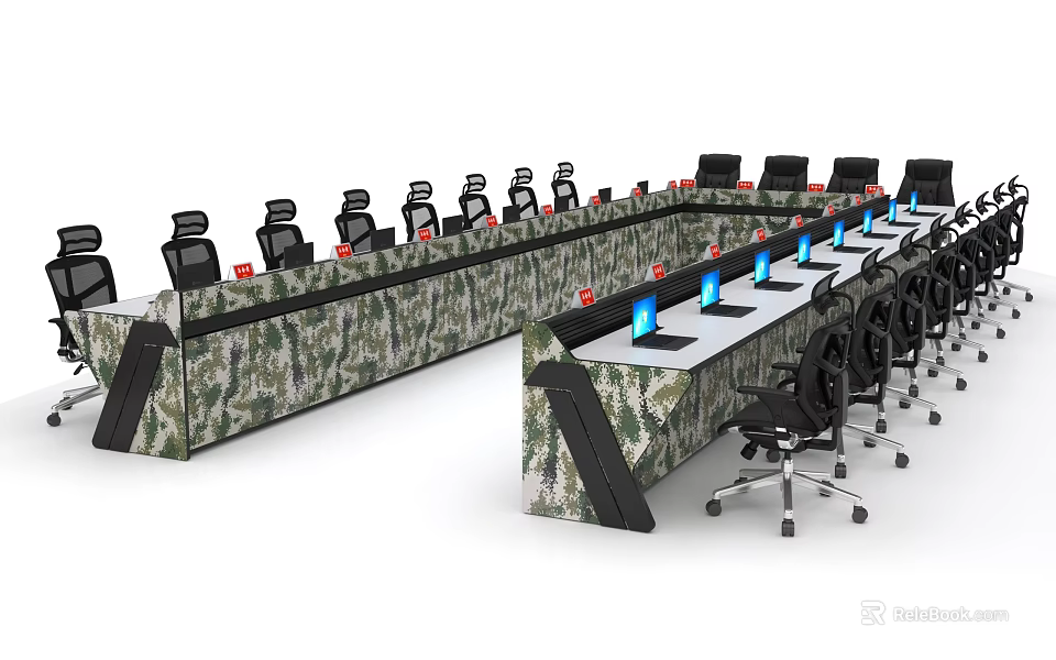 Control Room with Camouflage Console Multiple Monitors and Black Office Chairs 3d model