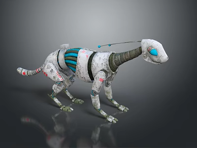 Futuristic Mechanical Creature With White Gray Body Blue Eyes Green Stripes And Mechanical Legs 3d model