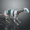 Futuristic Mechanical Creature With White Gray Body Blue Eyes Green Stripes And Mechanical Legs