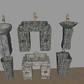 Stone Washbasins with Textured Surfaces and Various Designs for Bathroom Use 3d model