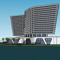 Modern Hotel Building with Glass Facade High Rise Surrounded by Water Reflection and Palm Trees