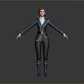 Woman In Blue Coat With Golden Belt Black Pants And Blue Boots Standing Pose