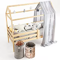Cozy Wooden Kids Bed with Canopy Curtain Star Decorations and Storage Baskets