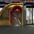 Elegant Hotel Lobby With Red Accents Chandeliers Sofa Seating Potted Plants And Marble Reception Desk