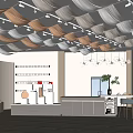 Modern Boutique Store Interior With Wavy Ceiling Panels Lighting Fixtures Product Displays And Blue Seats