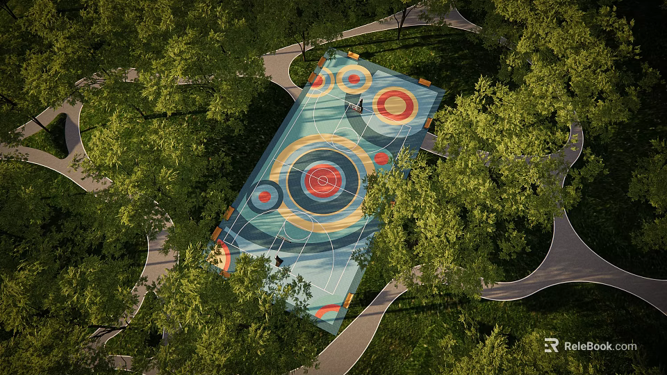 Park Landscape With Colorful Circular Recreational Area Surrounded By Trees And Winding Paths 3d model 