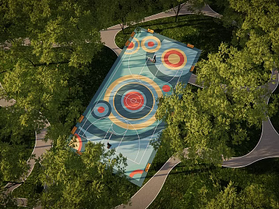 Park Landscape With Colorful Circular Recreational Area Surrounded By Trees And Winding Paths 3d model