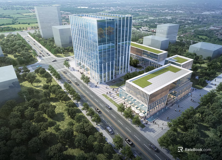 Modern Office Building With Glass Curtain Wall And Green Roof Surrounded By Trees 3d model 
