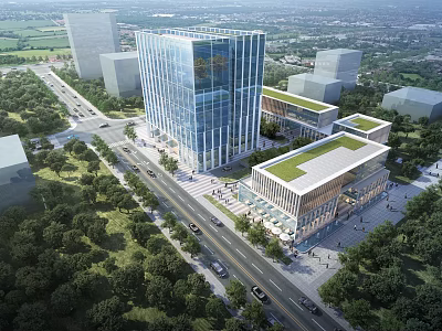 Modern Office Building With Glass Curtain Wall And Green Roof Surrounded By Trees 3d model