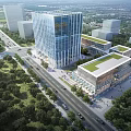 Modern Office Building With Glass Curtain Wall And Green Roof Surrounded By Trees