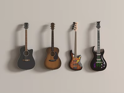 Musical Instruments And Art Supplies With Various Hanging Guitars On Wall 3d model