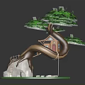 Wooden Treehouse Structure Built On Curved Tree Branch With Ladder And Rock Base