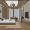 Hotel Room With Wooden Ceiling Flooring White Walls Large Bed And Natural Scenery Through Windows