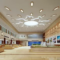 Spacious Modern Service Hall Interior With Ceiling Lights Large Screen Green Plants And Seating Area