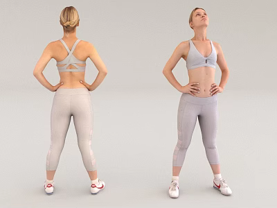 Fit Woman In Gray Sportswear Front And Back View Fitness Posing 3d model