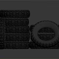 Stacked and Scattered Rubber Tires Collection on Gray Background Surface