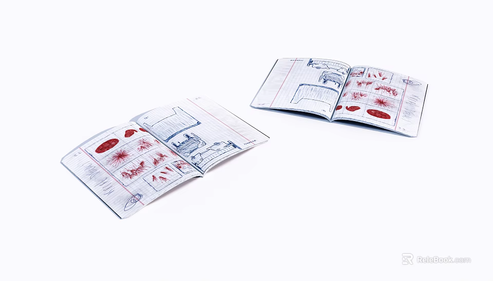 Open Notebook Pages With Hand Drawn Sketches And Red Marks 3d model 