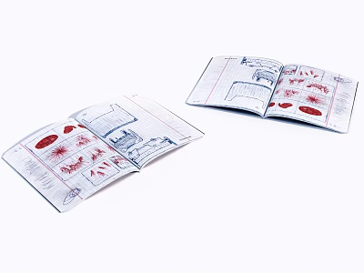 Open Notebook Pages With Hand Drawn Sketches And Red Marks 3d model