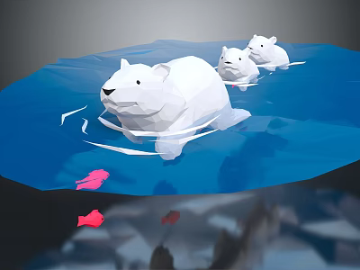 Cartoon Scene of Low Poly Style Polar Bears Swimming in Blue Water with Pink Fish 3d model
