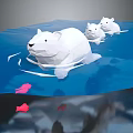 Cartoon Scene of Low Poly Style Polar Bears Swimming in Blue Water with Pink Fish