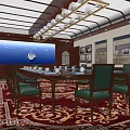 Elegant Conference Room With Long Table Green Chairs Large Screen And Decorative Paintings