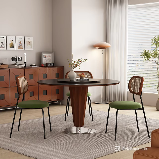 Modern Restaurant Dining Space With Round Wooden Table Green Chairs Decorative Paintings And Floor Lamp 3d model 