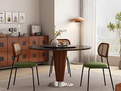 Modern Restaurant Dining Space With Round Wooden Table Green Chairs Decorative Paintings And Floor Lamp 3d model