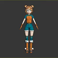Stylish Game Movie Character with Orange Twin Ponytails Green Eyes Orange Top and Blue Shorts