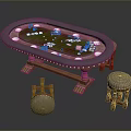 Oval Poker Table With Poker Cards Chips And Stools With Cushions