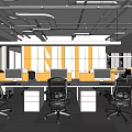 Modern Public Office Area With White Ceiling Pipes Yellow Seats White Desks Computers And Windows