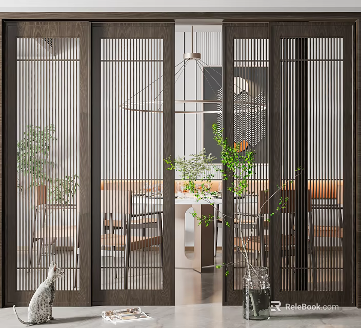 Minimalist Wooden Sliding Doors With Grid Design In Modern Interior Space 3d model 