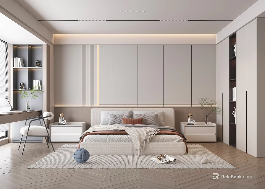 Modern Minimalist Bedroom Interior With Bed Pillows Built in Wardrobes Herringbone Floor And Recessed Lighting 3d model 