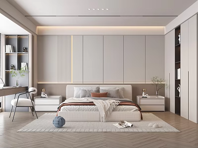 Modern Minimalist Bedroom Interior With Bed Pillows Built in Wardrobes Herringbone Floor And Recessed Lighting 3d model