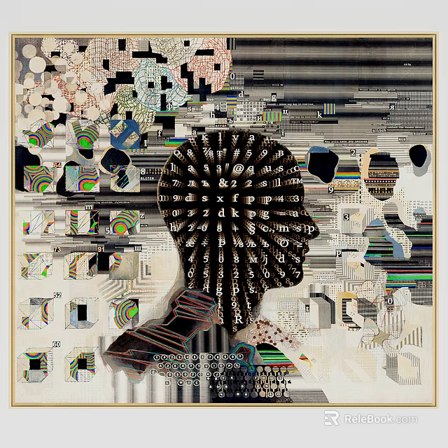 Abstract Painting Featuring Head Silhouette Composed of Letters Geometric Shapes and Colorful Collage 3d model 