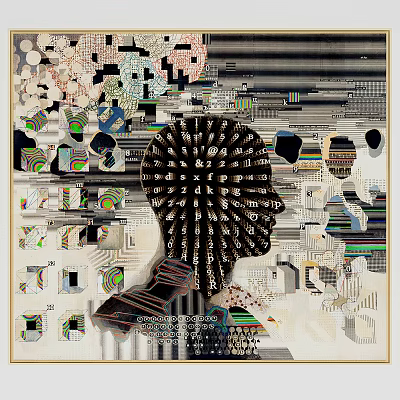 Abstract Painting Featuring Head Silhouette Composed of Letters Geometric Shapes and Colorful Collage 3d model
