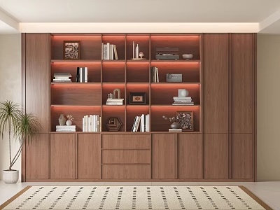 Modern Built in Wooden Bookcase With Multiple Shelves Books Decorative Items And Photo Frames 3d model