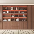 Modern Built in Wooden Bookcase With Multiple Shelves Books Decorative Items And Photo Frames