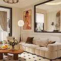 Modern Open Dining and Living Room With Beige Sofa Rug Artwork Chandelier And Herringbone Flooring