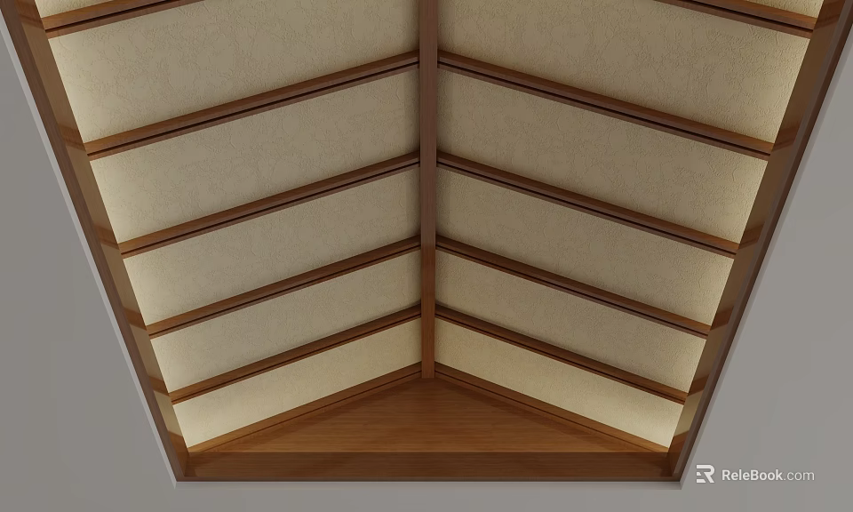 Wooden Framed Ceiling Design With Beige Layered Panels In Corner 3d model