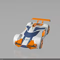 Streamlined Blue White and Orange Race Car with Orange Wheels and Rear Wing