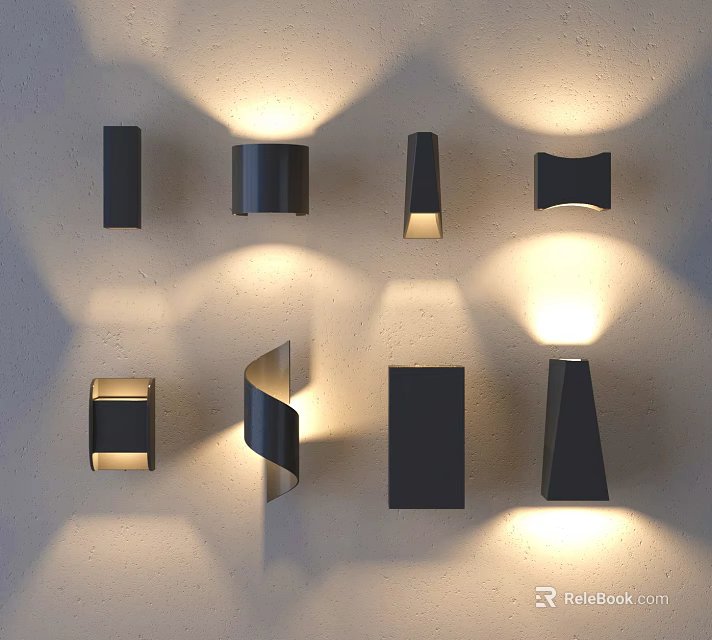 Modern Wall Lamps With Various Contemporary Designs Illuminated On White Wall Surface 3d model 