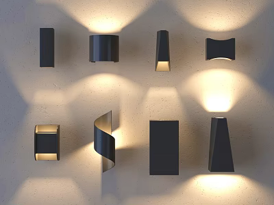 Modern Wall Lamps With Various Contemporary Designs Illuminated On White Wall Surface 3d model