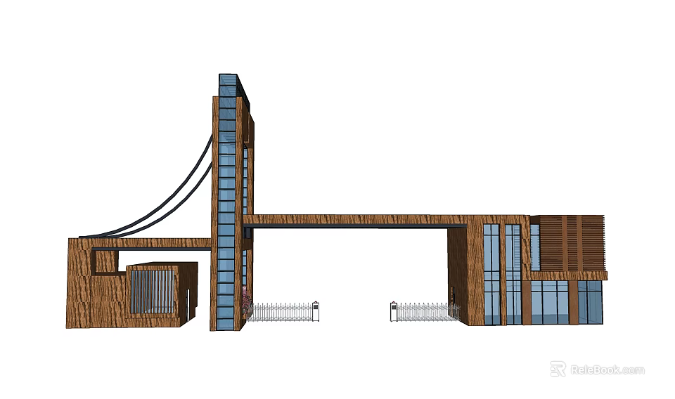 Modern Entrance Gate Design With Tower Glass Curtain Walls Wooden And Metal Structure 3d model 