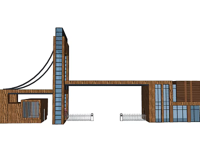 Modern Entrance Gate Design With Tower Glass Curtain Walls Wooden And Metal Structure 3d model