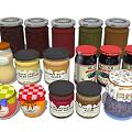 Assorted Jars of Food Featuring Jam Peanut Butter With Various Colors Labels