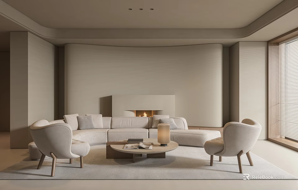 Modern Living Room Interior With Large Sofa Accent Chairs Coffee Table Fireplace And Neutral Tones 3d model 