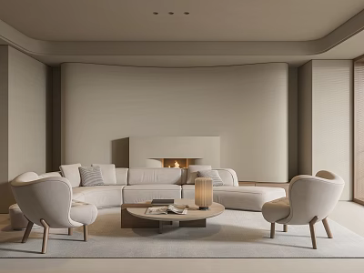 Modern Living Room Interior With Large Sofa Accent Chairs Coffee Table Fireplace And Neutral Tones 3d model