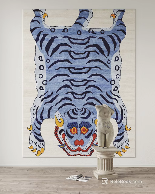 Square Rug With Blue White Tiger Pattern Red Face And Yellow Claws Design 3d model 