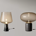 Modern Table Lamps with Light Colored Glass Shades Different Shapes Black Bases and Illuminated Bulbs