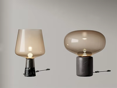 Modern Table Lamps with Light Colored Glass Shades Different Shapes Black Bases and Illuminated Bulbs 3d model